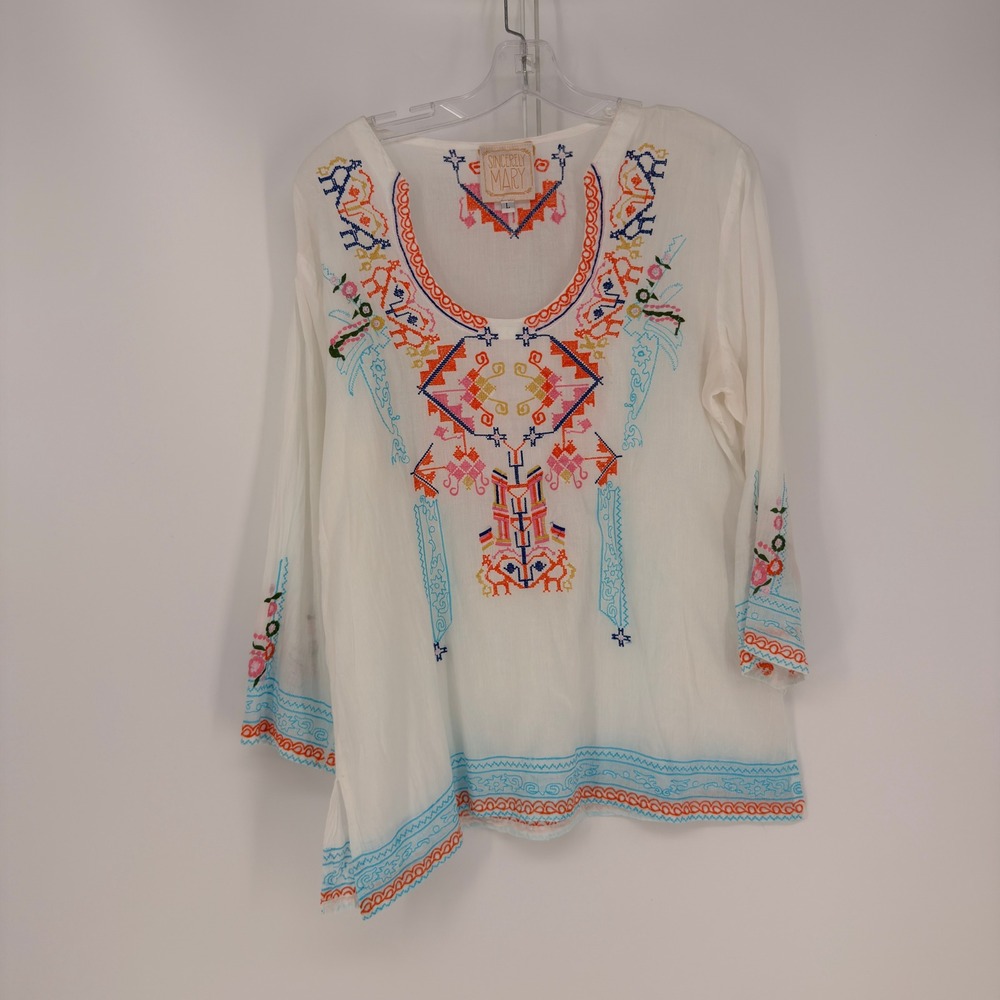 Sincerely Mary Blouse Womens Large White Embroidered Boho Peasant Top V-Neck